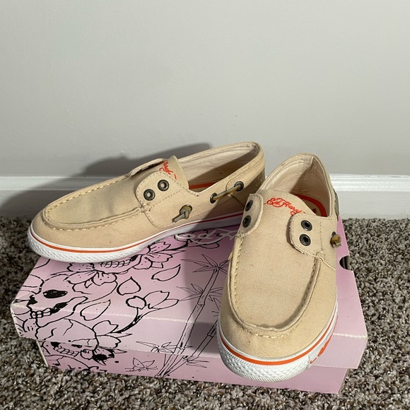 Vintage Ed Hardy Tan & Orange Boat Shoes. Size 7. - Picture 2 of 11